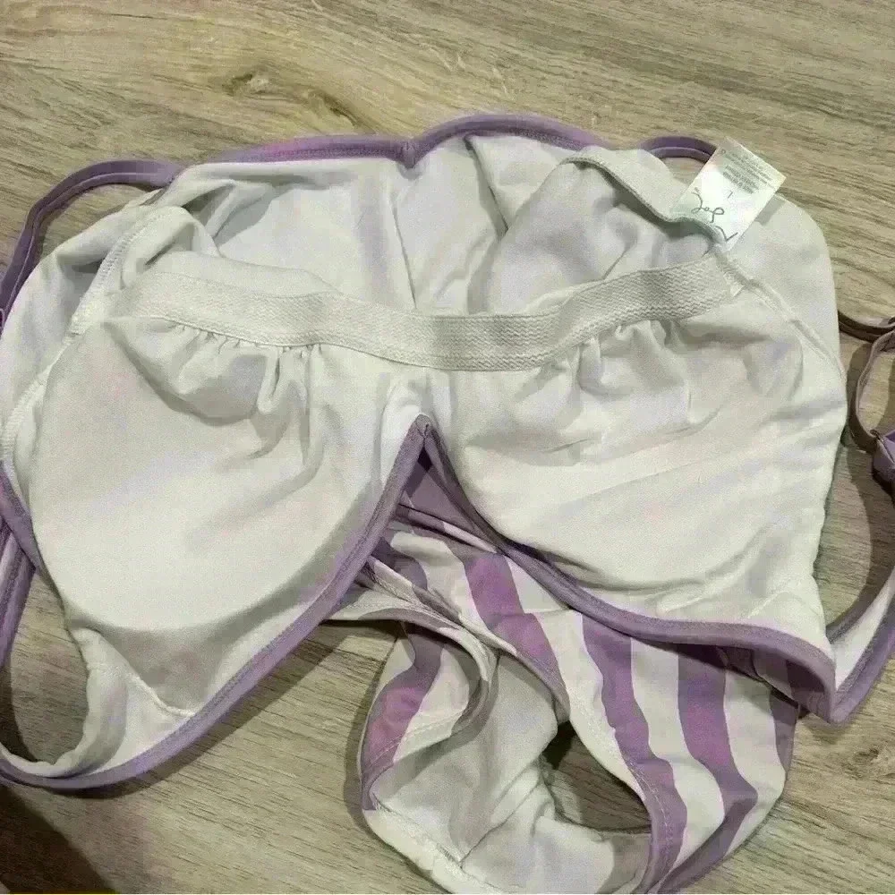 Kona Sol Purple Stripe V Neck Low Back High Leg One Piece Swimsuit Size L